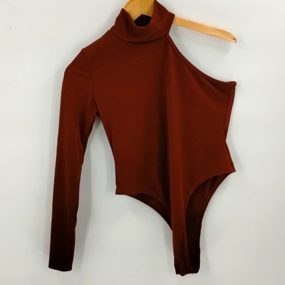 Unbranded bodysuit ribbed chestnut brown one shoulder exposed high collar large - Picture 1 of 6